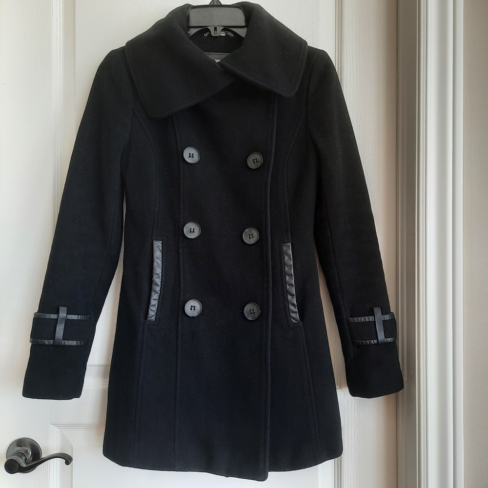 Mackage Black Wool Coat Leather Trim Detail Size XS